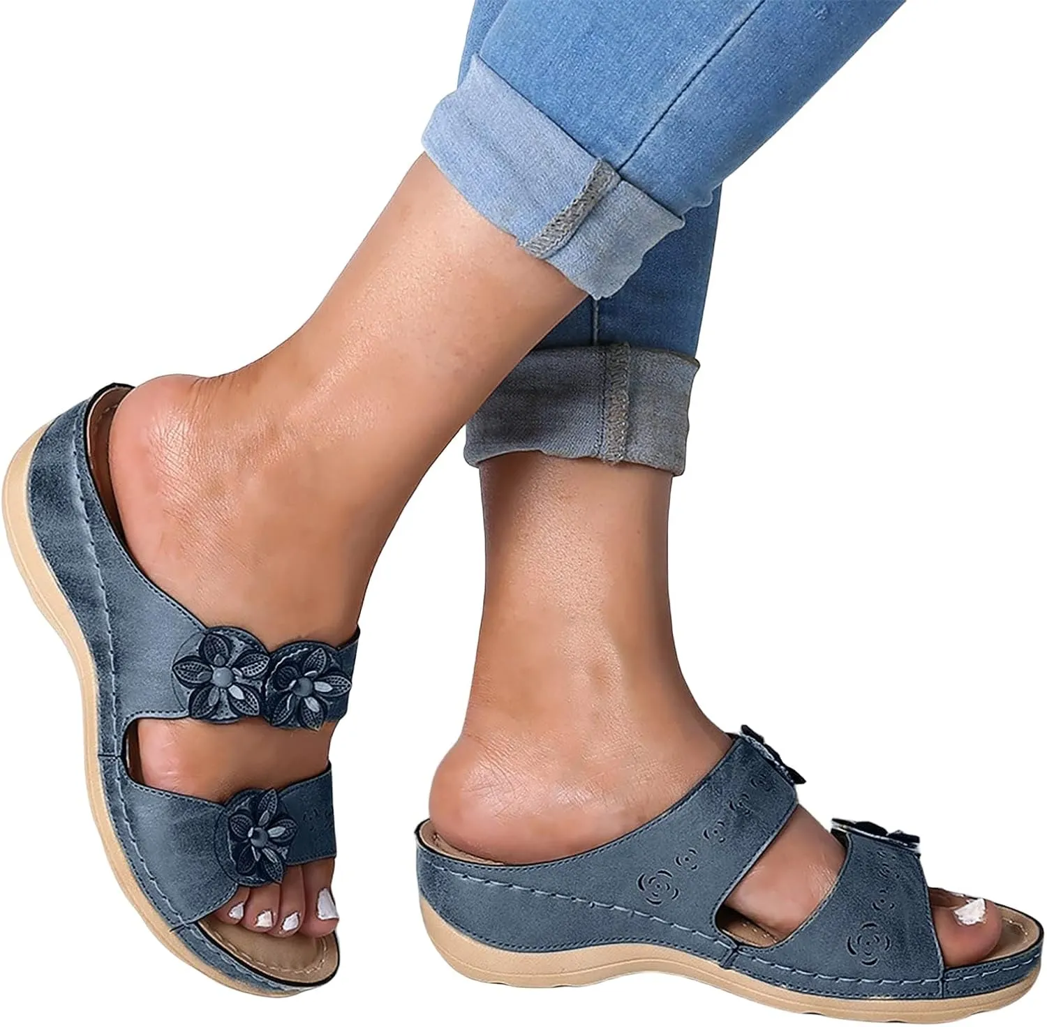 Orthopedic Sandals for Women Slip On Slide Slippers Flower Leather Arch Support Shoes Beach Outdoor Walking Sandals