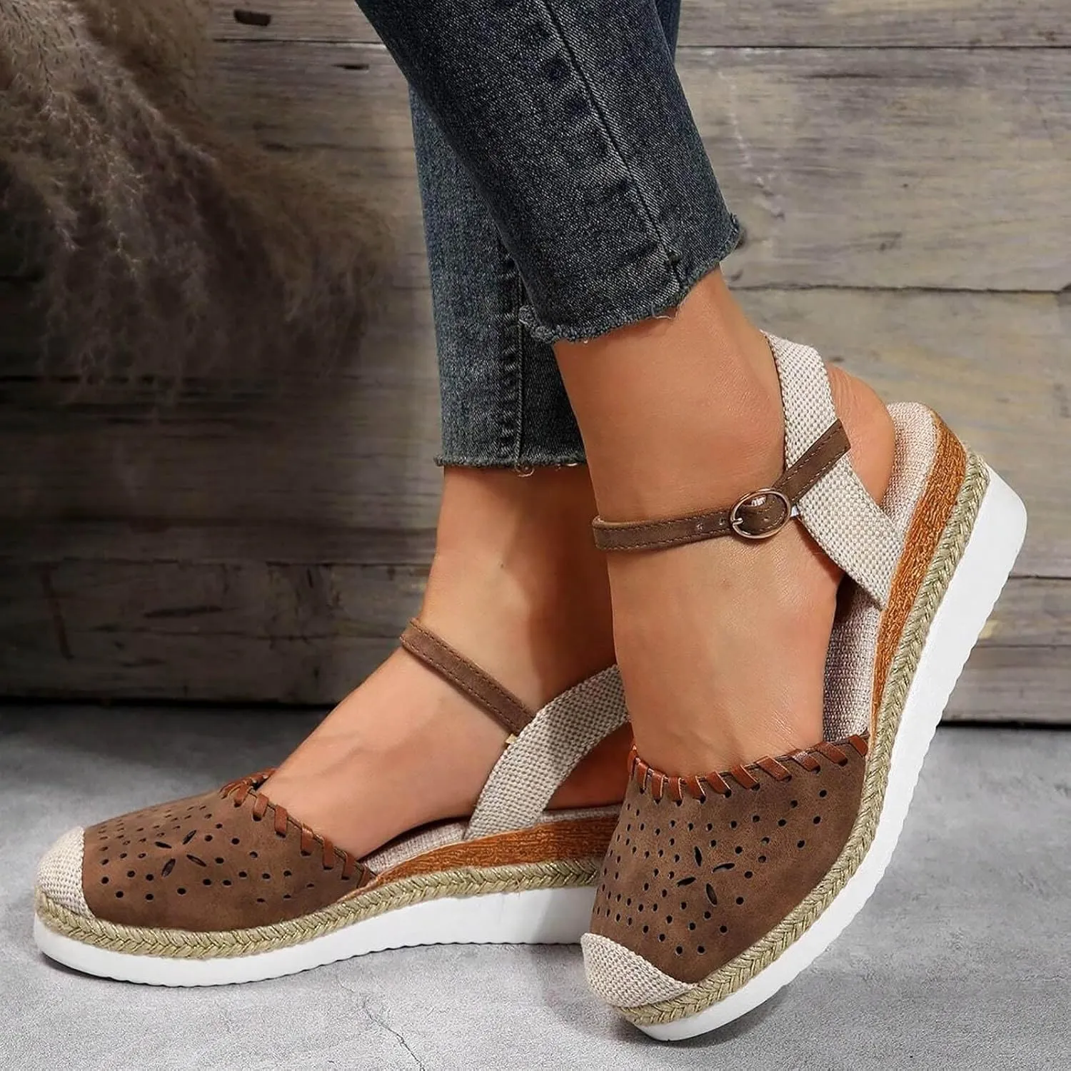 Orthopedic Wedge Sandals for Women Comfortable Closed Toe Slides Platform Sandals Hollow Out Espadrilles Adjustable Buckle Ankle Strap