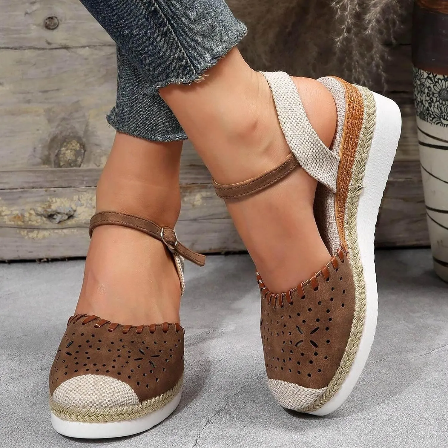 Orthopedic Wedge Sandals for Women Comfortable Closed Toe Slides Platform Sandals Hollow Out Espadrilles Adjustable Buckle Ankle Strap