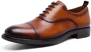 Oxford Shoes for Men Lace Up Cap Toe Black Burnished Toe Genuine Leather Block Heel Low Top Anti-Slip Slip Resistant Prom (Color : Brown, Size : 10.5)