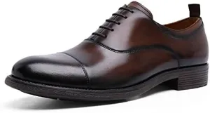 Oxford Shoes for Men Lace Up Cap Toe Black Burnished Toe Genuine Leather Block Heel Low Top Anti-Slip Slip Resistant Prom (Color : Dark Brown, Size : 10.5)