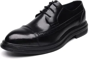 Oxford Shoes for Men Lace Up Cap Toe Derby Shoes Round Toe Leather Slip Resistant Anti-Slip Block Heel Rubber Sole Business (Color : Black, Size : 8)