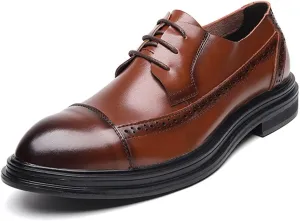 Oxford Shoes for Men Lace Up Cap Toe Derby Shoes Round Toe Leather Slip Resistant Anti-Slip Block Heel Rubber Sole Business (Color : Brown, Size : 8)