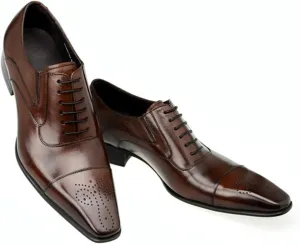 Oxford Shoes for Men Lace Up Square Toe Cap Toe PU Leather Slip Resistant Low Top Rubber Sole Block Heel Business (Color : Brown, Size : 10)