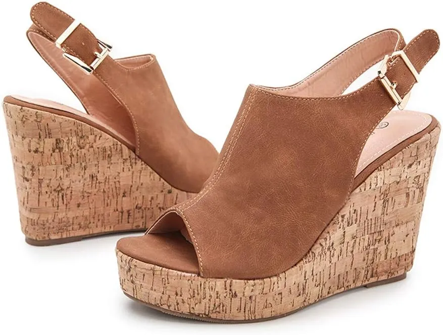 Platform Slingback Womens Sandals with Heels Back Strap Peep toe Espadrille Straw Platform Wedge Heels Sandals