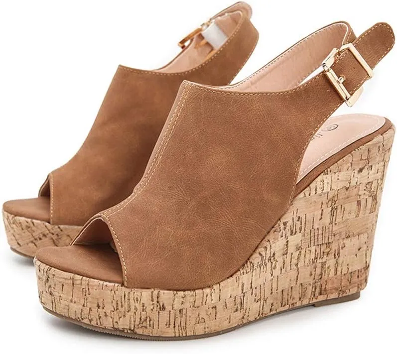 Platform Slingback Womens Sandals with Heels Back Strap Peep toe Espadrille Straw Platform Wedge Heels Sandals