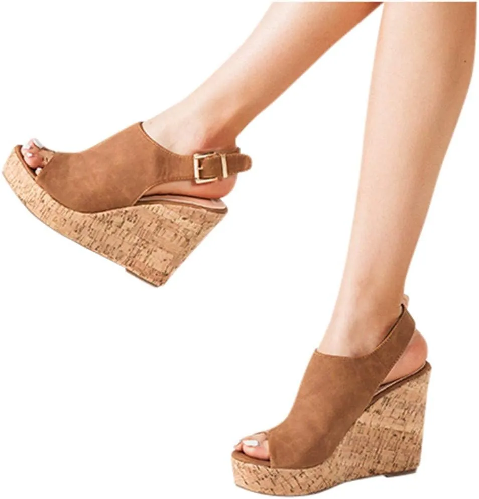 Platform Slingback Womens Sandals with Heels Back Strap Peep toe Espadrille Straw Platform Wedge Heels Sandals