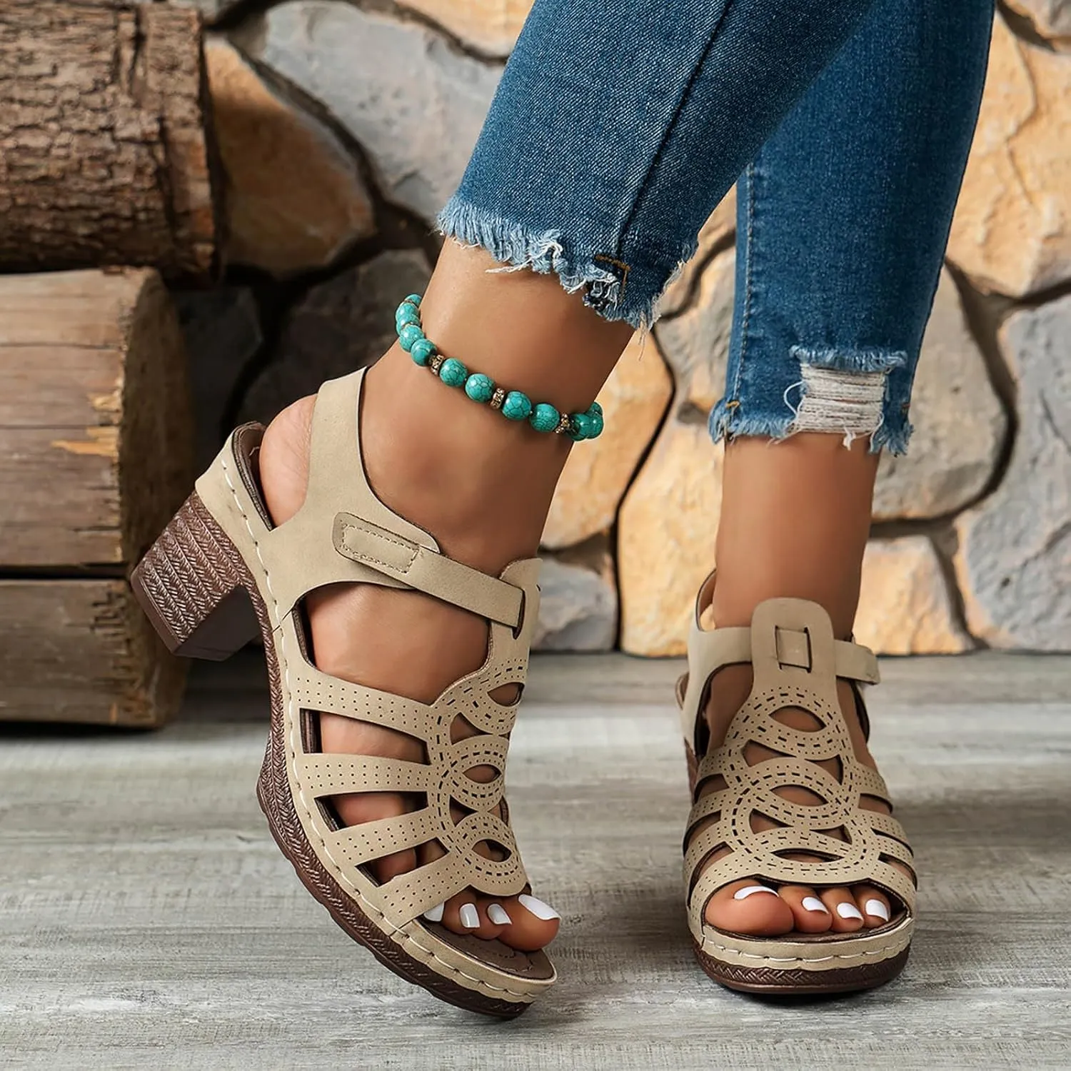 Platform Strappy Heel Sandals Square Open Toe Out Sandals High Heels