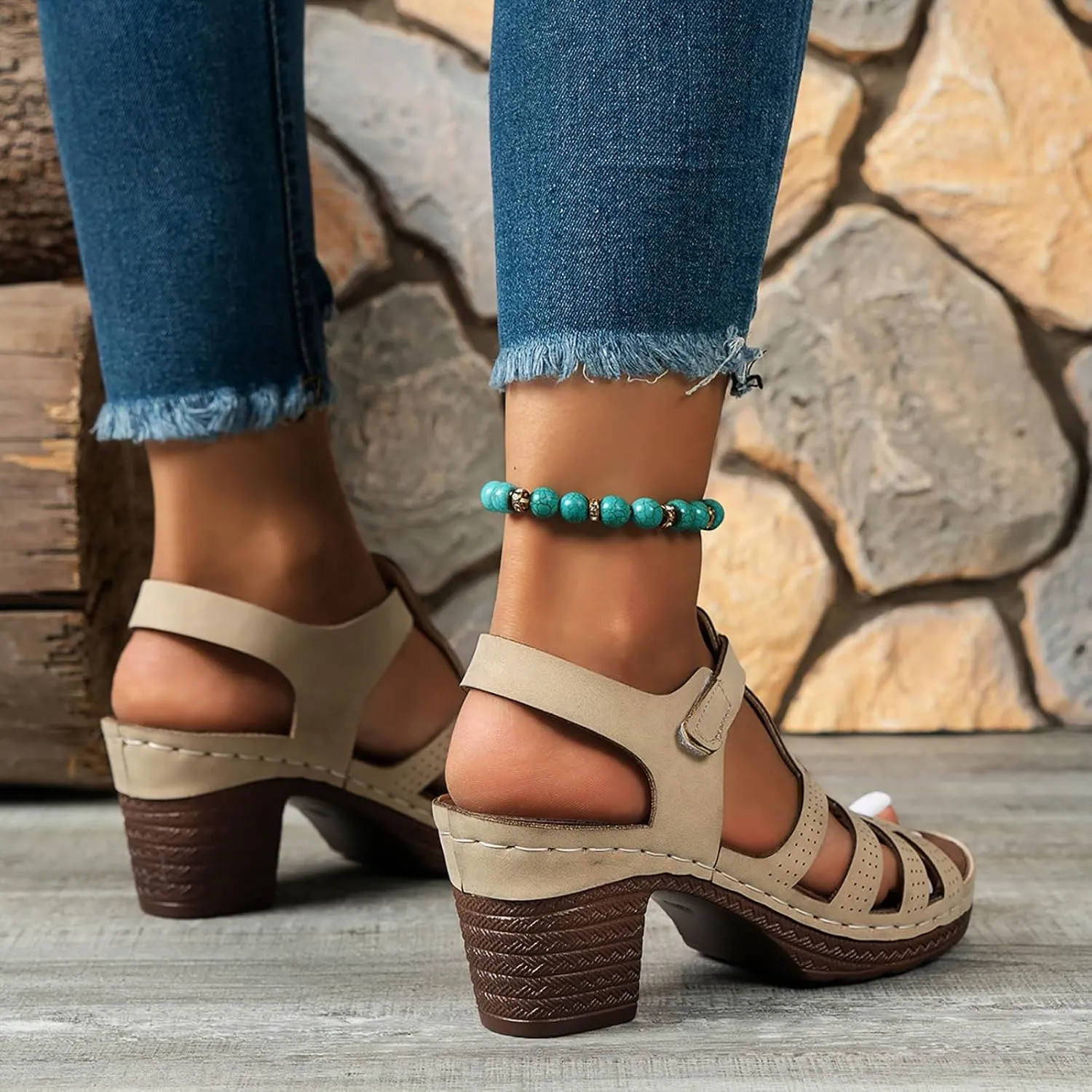 Platform Strappy Heel Sandals Square Open Toe Out Sandals High Heels