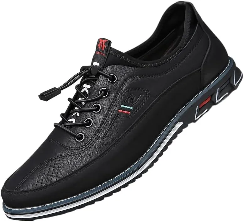Plus-Size Men's Work Casual Shoes - Premium Leather with Elastic Laces - for Outdoor Walking and Driving Comfort