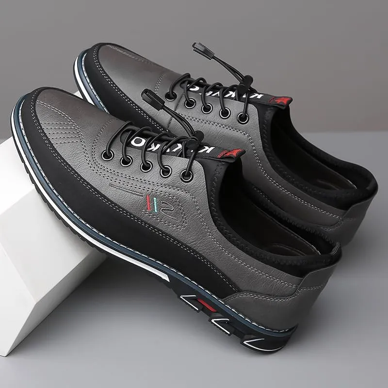 Plus-Size Men's Work Casual Shoes - Premium Leather with Elastic Laces - for Outdoor Walking and Driving Comfort