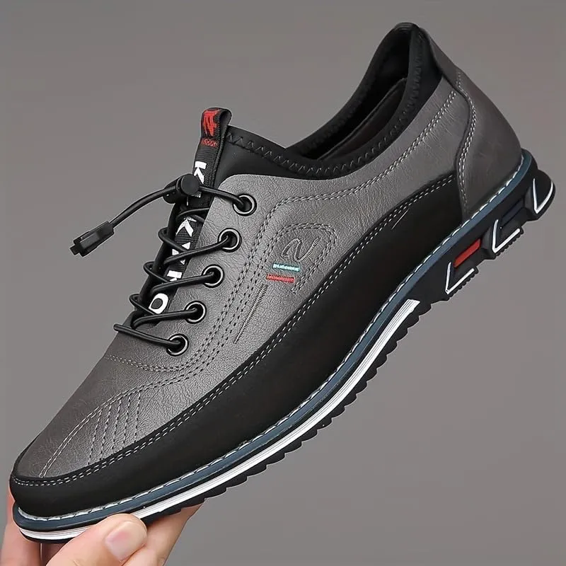 Plus-Size Men's Work Casual Shoes - Premium Leather with Elastic Laces - for Outdoor Walking and Driving Comfort