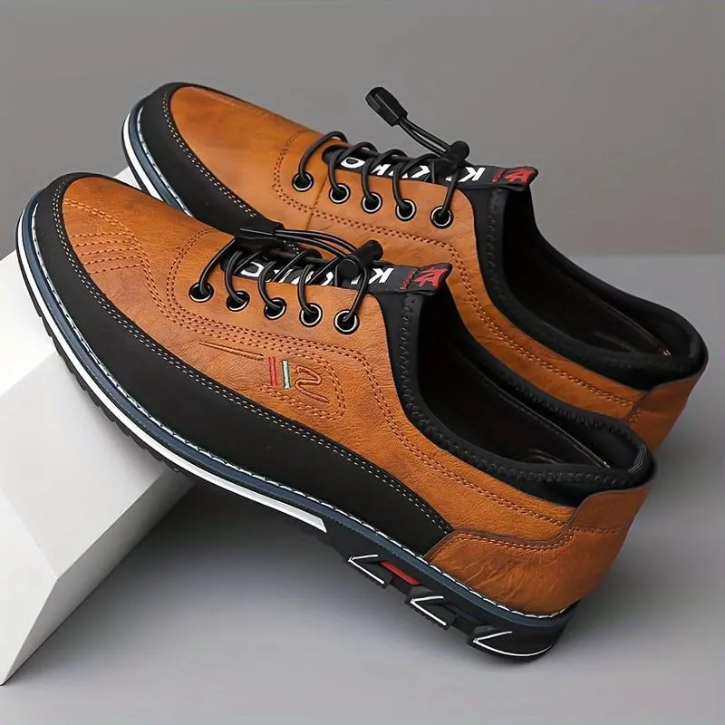 Plus-Size Men's Work Casual Shoes - Premium Leather with Elastic Laces - for Outdoor Walking and Driving Comfort