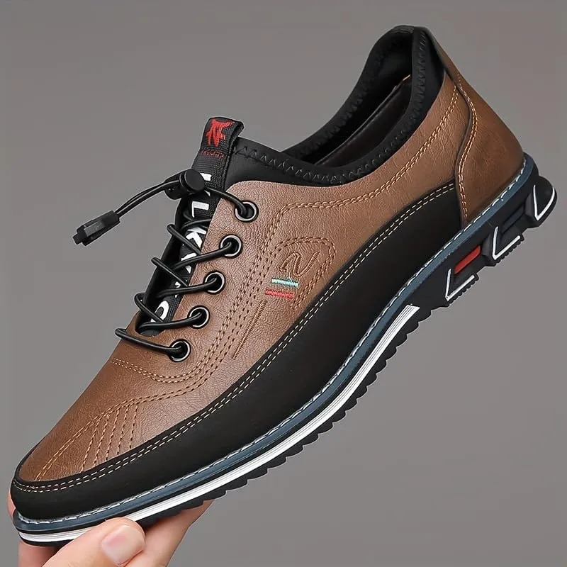 Plus-Size Men's Work Casual Shoes - Premium Leather with Elastic Laces - for Outdoor Walking and Driving Comfort
