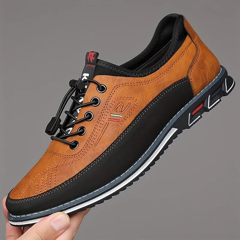 Plus-Size Men's Work Casual Shoes - Premium Leather with Elastic Laces - for Outdoor Walking and Driving Comfort