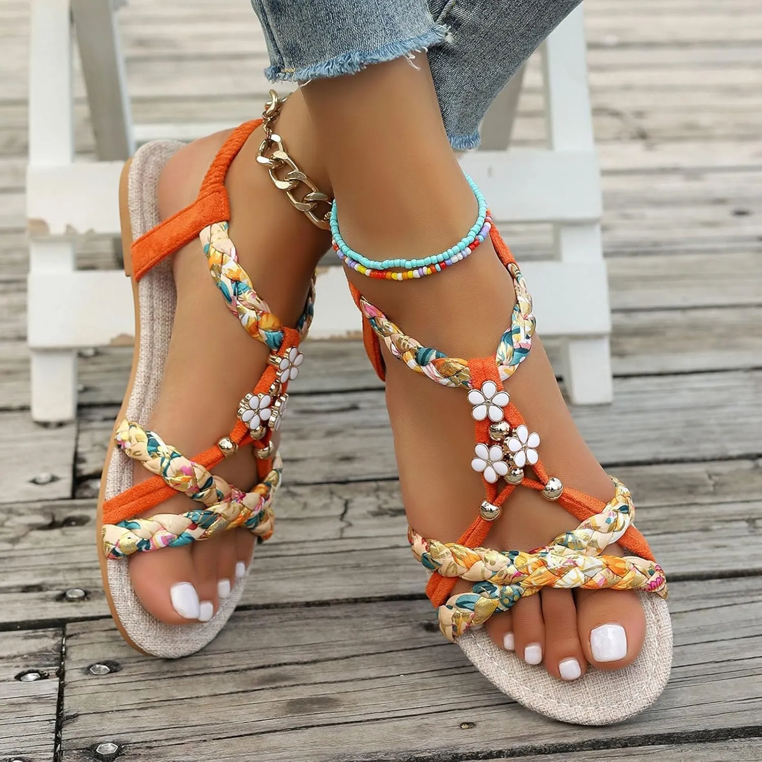 Sandals for Women 2025 Open Toe Jeweled Flat Sandals Summer Casual Bohemian Beach Sandal Weave Lightweight Shoes