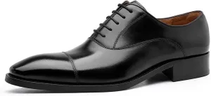 Shoes Dress Oxford for Men Lace Up Cap Toe Burnished Toe Genuine Leather Block Heel Non Slip Anti-Slip Party (Color : Black, Size : 6.5)