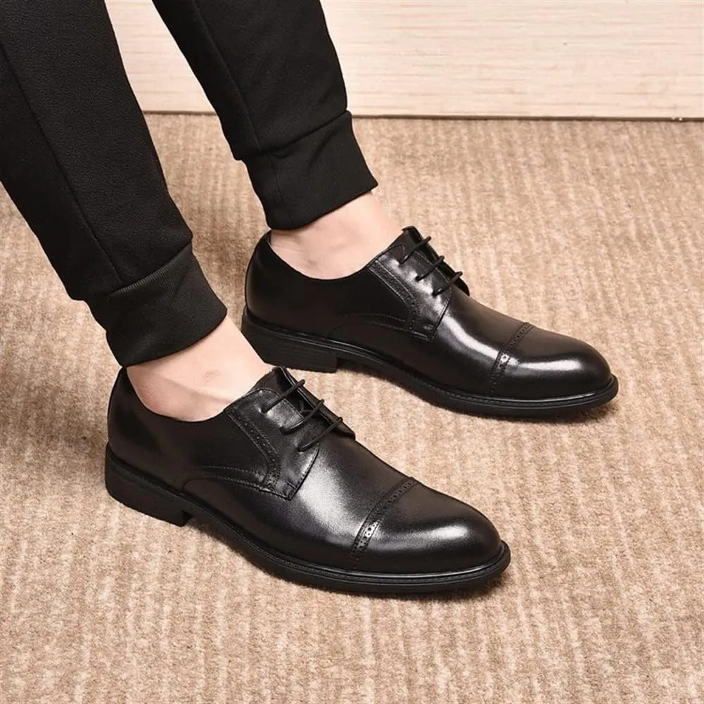 Shoes Dress Oxford for Men Lace Up Round Toe Cap Toe Derby Shoes Genuine Leather Rubber Sole Block Heel Slip Resistant Party