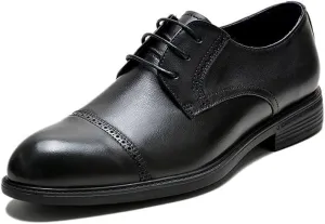 Shoes Dress Oxford for Men Lace Up Round Toe Cap Toe Derby Shoes Genuine Leather Rubber Sole Block Heel Slip Resistant Party