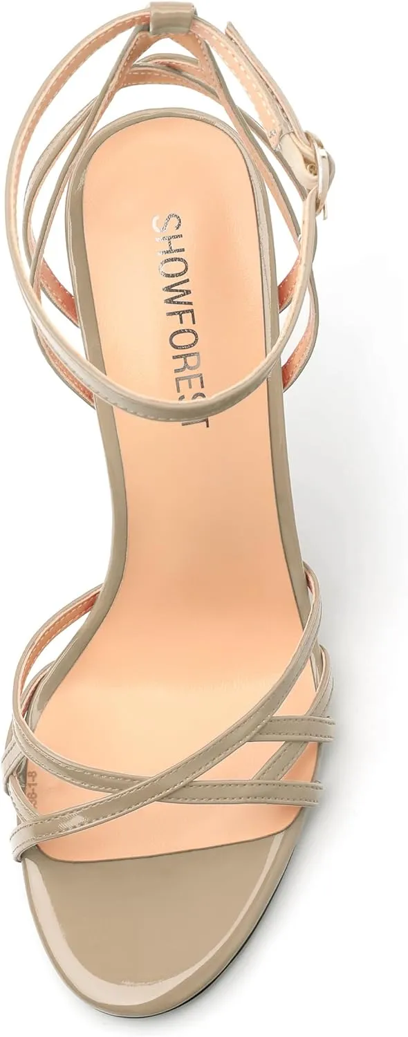 SHOWFOREST Strappy Heels for Women Stiletto High Heels Open Round Toe Patent 4 Inch Sandals with Ankle Strap Sexy for Dating Party Evening Dress Shoes