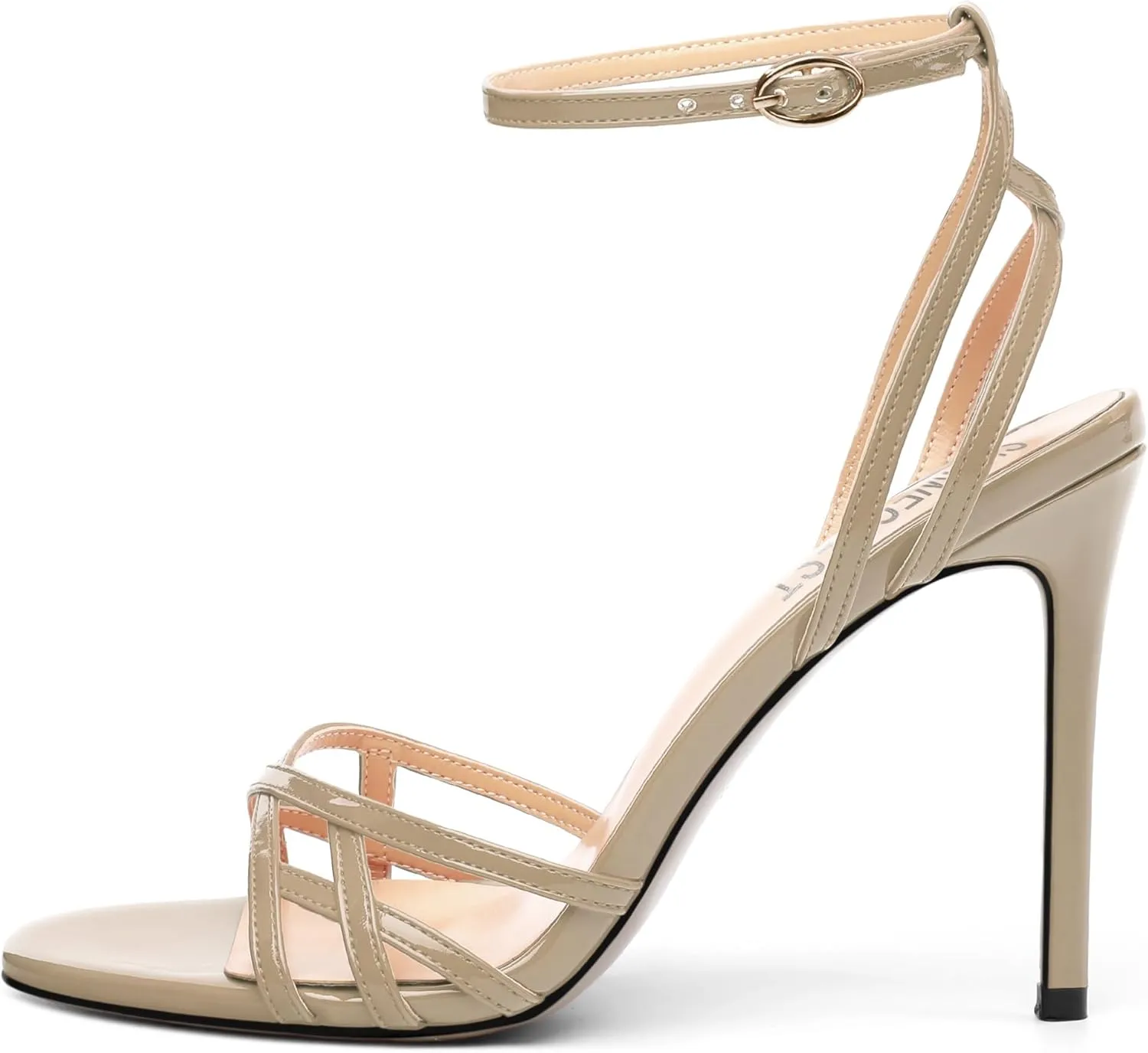 SHOWFOREST Strappy Heels for Women Stiletto High Heels Open Round Toe Patent 4 Inch Sandals with Ankle Strap Sexy for Dating Party Evening Dress Shoes