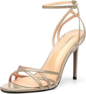 SHOWFOREST Strappy Heels for Women Stiletto High Heels Open Round Toe Patent 4 Inch Sandals with Ankle Strap Sexy for Dating Party Evening Dress Shoes