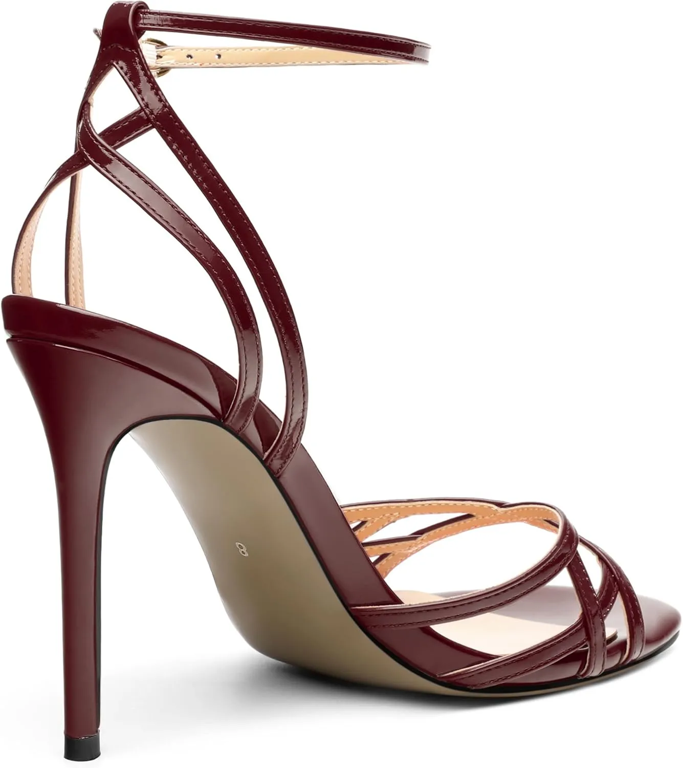 SHOWFOREST Strappy Heels for Women Stiletto High Heels Open Round Toe Patent 4 Inch Sandals with Ankle Strap Sexy for Dating Party Evening Dress Shoes