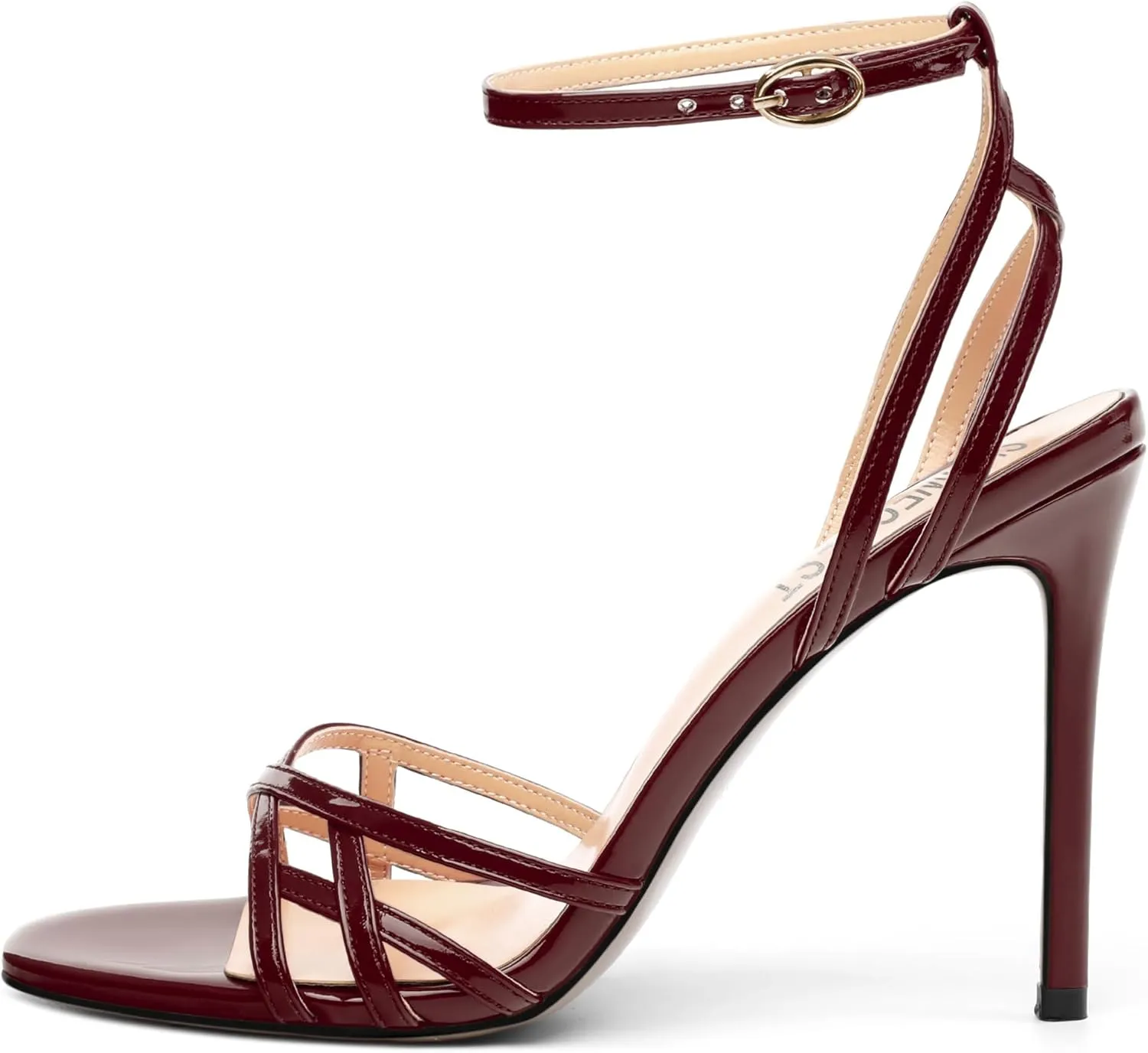 SHOWFOREST Strappy Heels for Women Stiletto High Heels Open Round Toe Patent 4 Inch Sandals with Ankle Strap Sexy for Dating Party Evening Dress Shoes