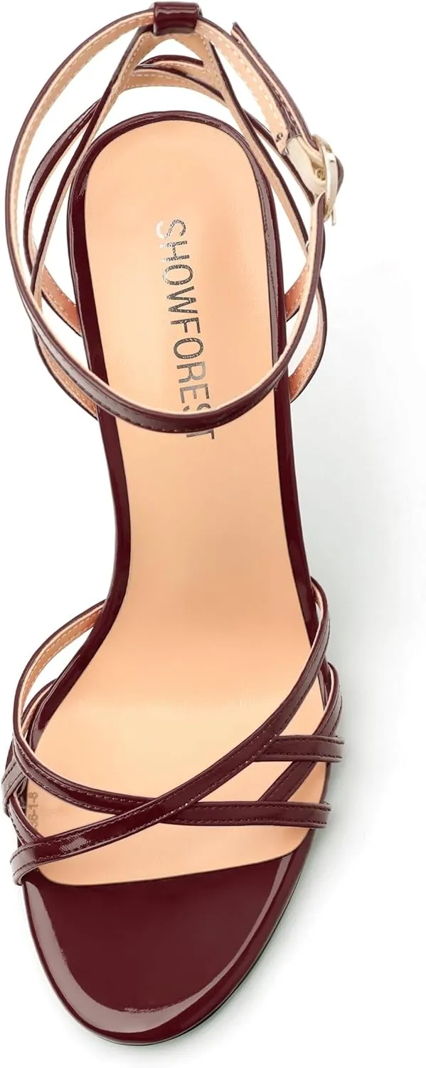 SHOWFOREST Strappy Heels for Women Stiletto High Heels Open Round Toe Patent 4 Inch Sandals with Ankle Strap Sexy for Dating Party Evening Dress Shoes
