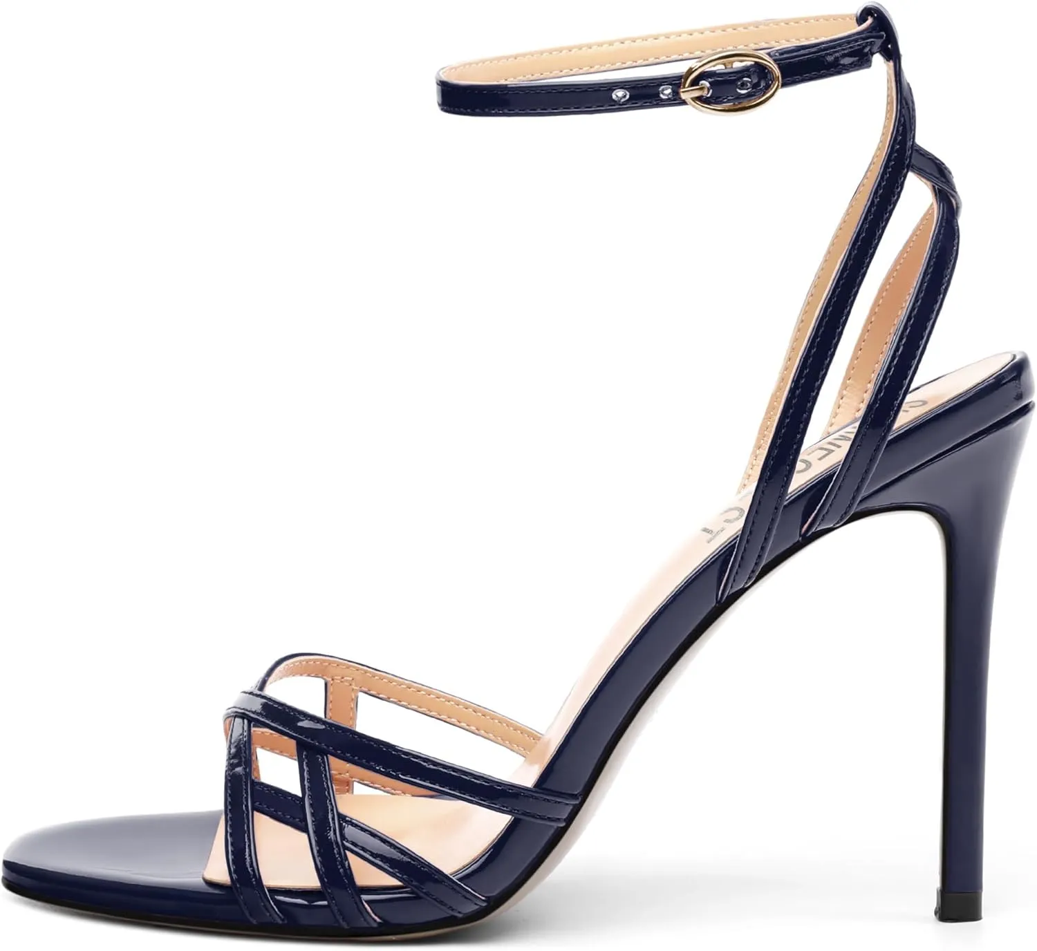 SHOWFOREST Strappy Heels for Women Stiletto High Heels Open Round Toe Patent 4 Inch Sandals with Ankle Strap Sexy for Dating Party Evening Dress Shoes