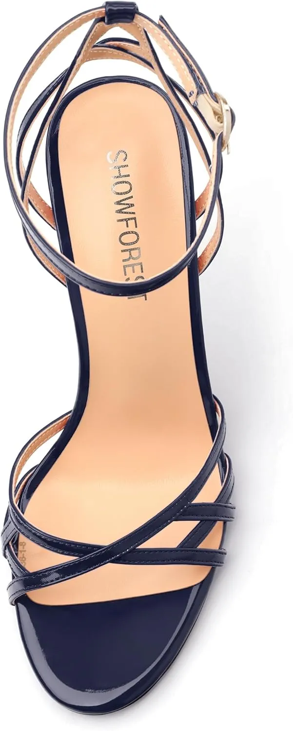 SHOWFOREST Strappy Heels for Women Stiletto High Heels Open Round Toe Patent 4 Inch Sandals with Ankle Strap Sexy for Dating Party Evening Dress Shoes