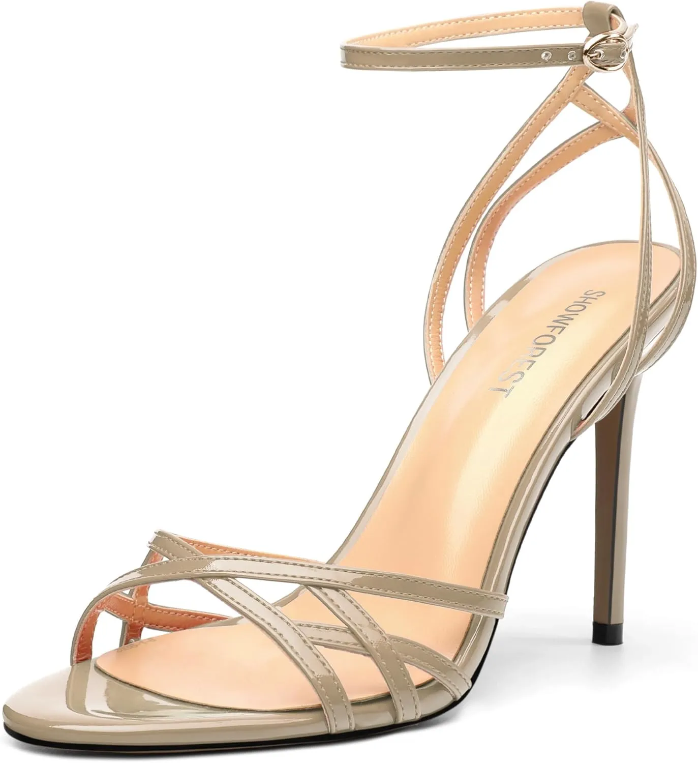 SHOWFOREST Strappy Heels for Women Stiletto High Heels Open Round Toe Patent 4 Inch Sandals with Ankle Strap Sexy for Dating Party Evening Dress Shoes
