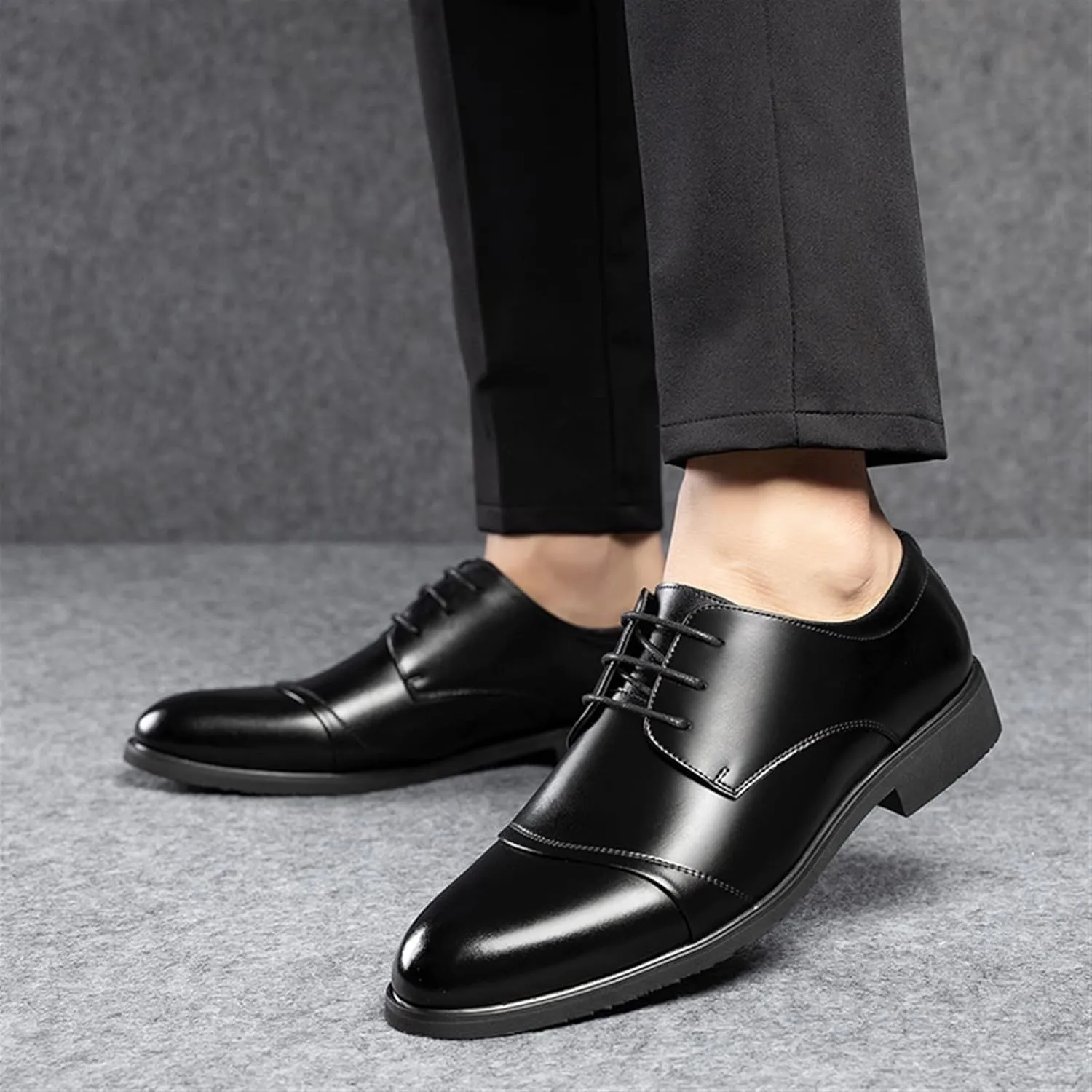 Single Season Dress Shoes for Men Lace Up Cap Toe Burnished Toe Derby Shoes Leather Resistant Non Slip Rubber Sole Party Very Popular Among Young People