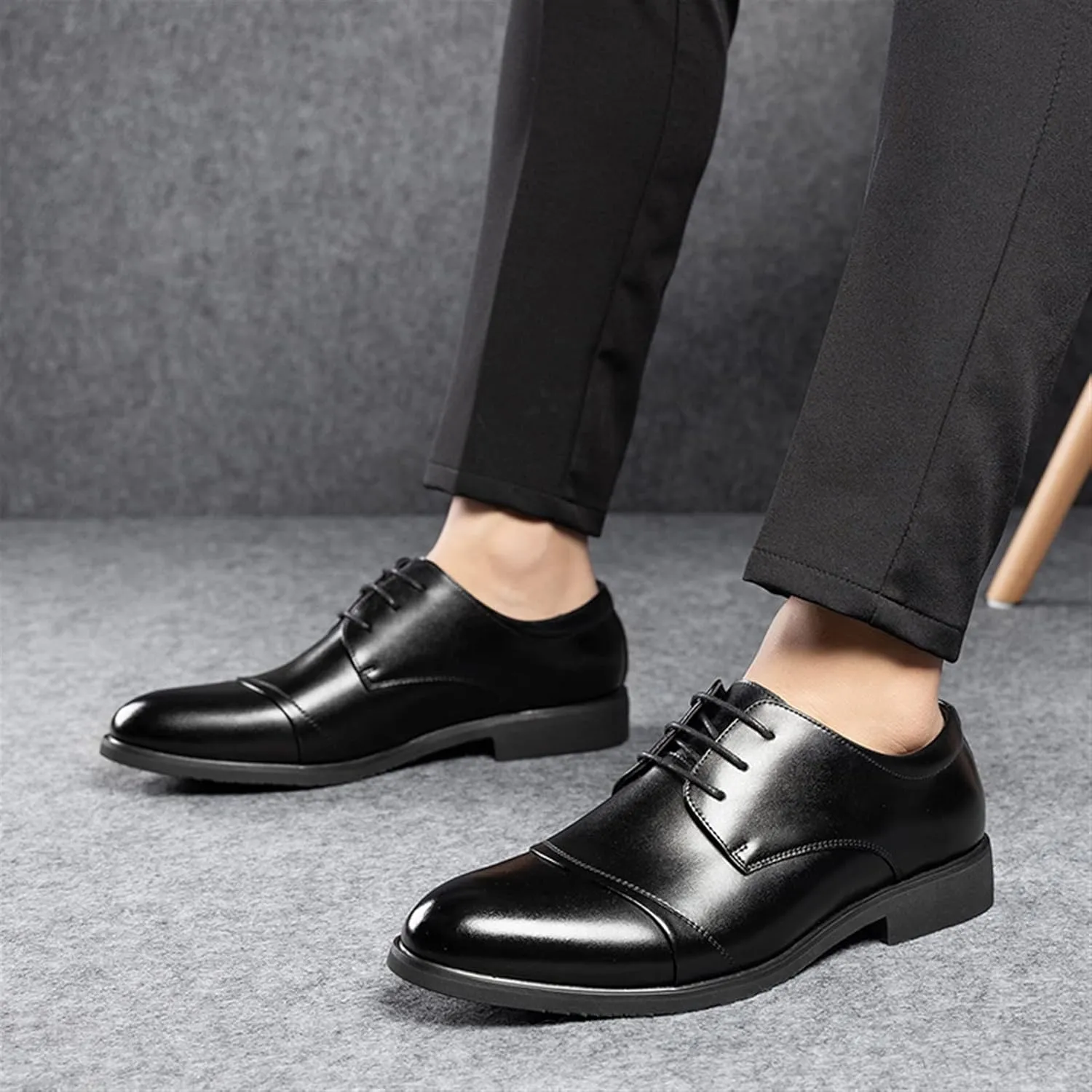 Single Season Dress Shoes for Men Lace Up Cap Toe Burnished Toe Derby Shoes Leather Resistant Non Slip Rubber Sole Party Very Popular Among Young People