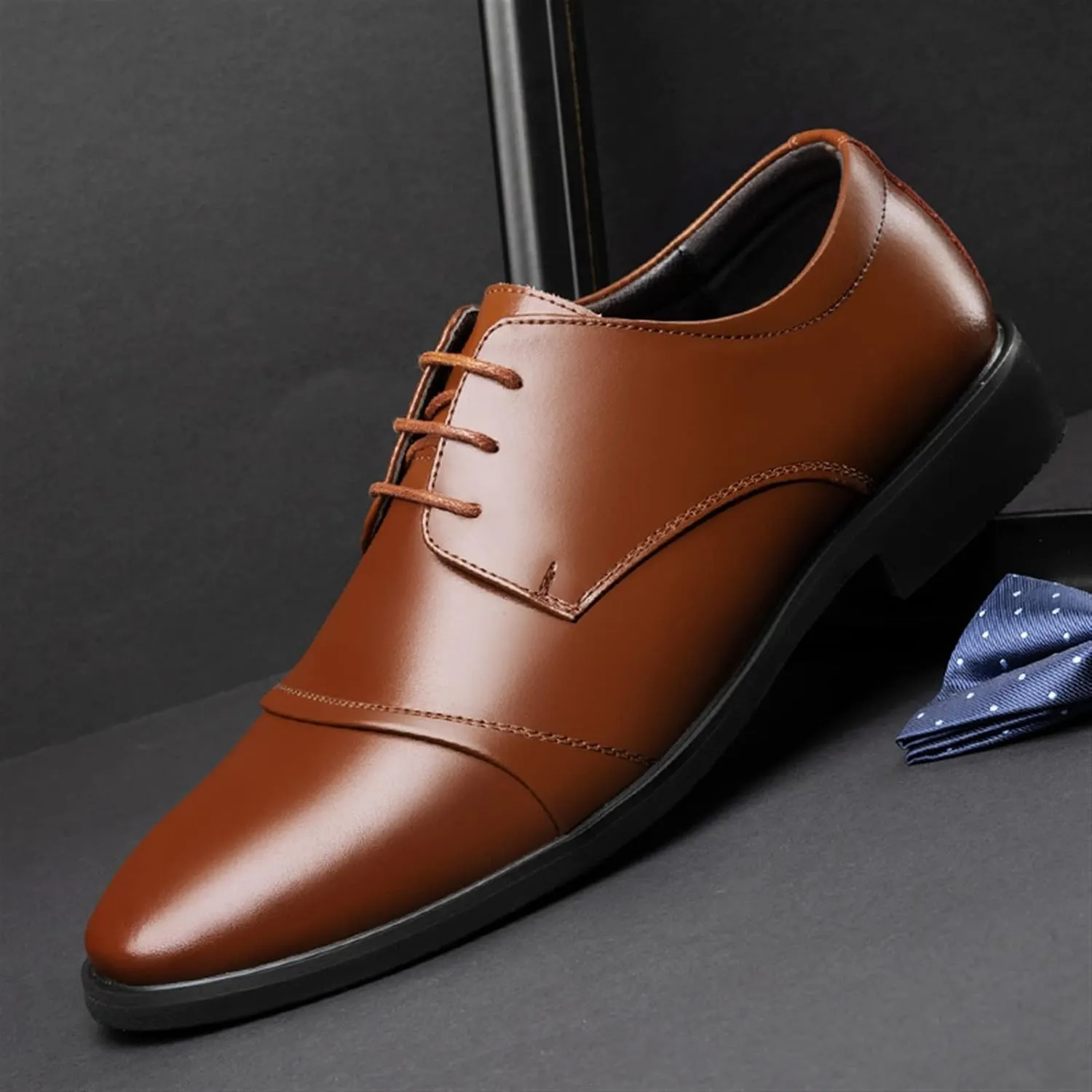 Single Season Dress Shoes for Men Lace Up Cap Toe Burnished Toe Derby Shoes Leather Resistant Non Slip Rubber Sole Party Very Popular Among Young People
