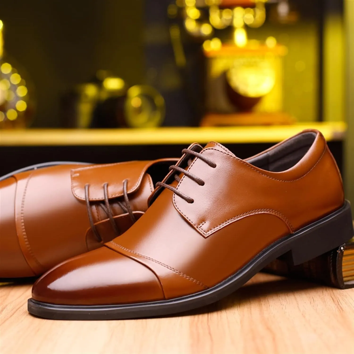 Single Season Dress Shoes for Men Lace Up Cap Toe Burnished Toe Derby Shoes Leather Resistant Non Slip Rubber Sole Party Very Popular Among Young People