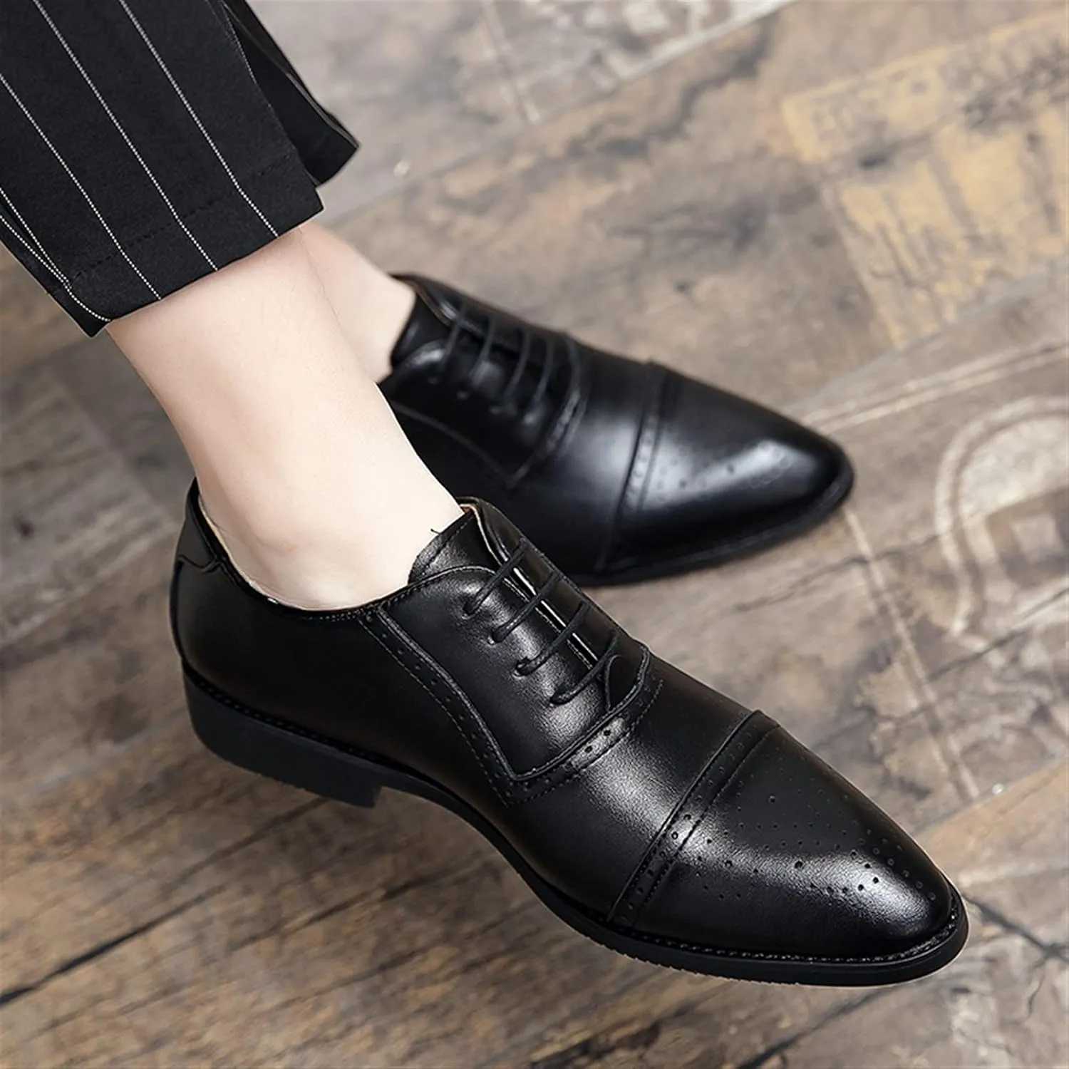 Single Season Formal Shoes for Men Lace Up Brogue Embossed Cap Toe Burnished Toe PU Leather Block Heel Low Top Slip Resistant Anti-Slip Non Slip Wedding Very Popular Among Young People