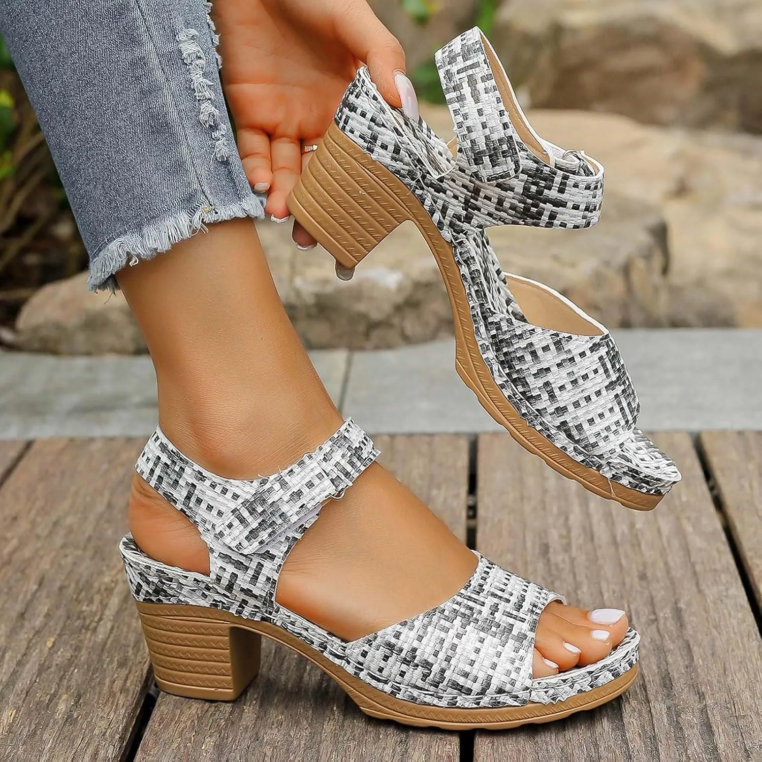 Square Toe Heeled Sandals High Block Heels Sandals Beach Sandal