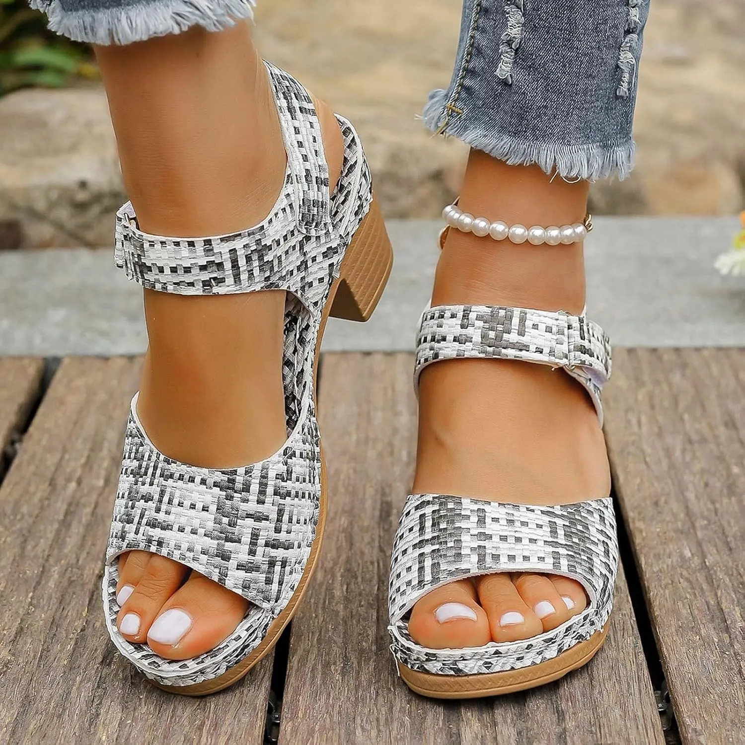 Square Toe Heeled Sandals High Block Heels Sandals Beach Sandal