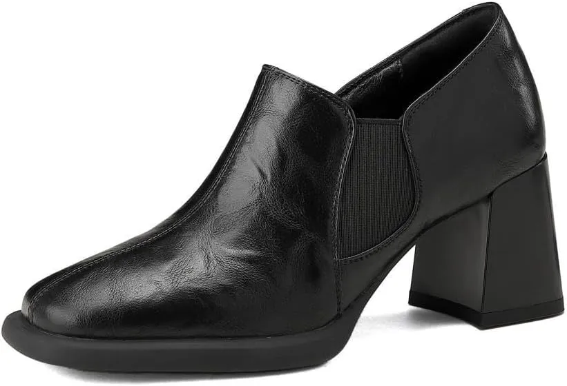 TinaCus Women's Handmade Genuine Leather Elastic Slip On Square Toe Chunky Low Heel Casual Loafer Pumps