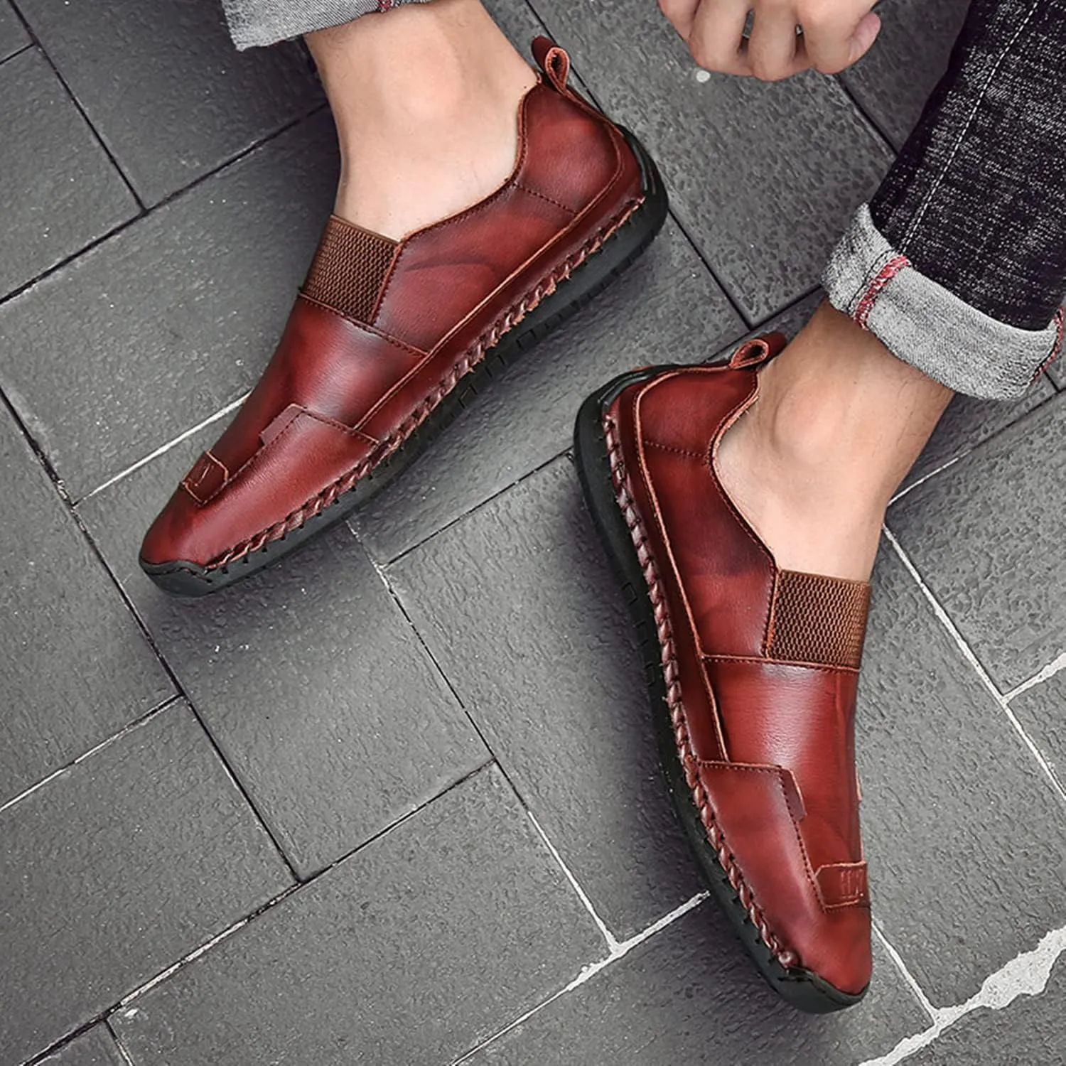 UIKGITP Mens Leather Driving Comfortable Shoes Hand Stitching Elastic Casual Shoes Loafer Boat Sneaker