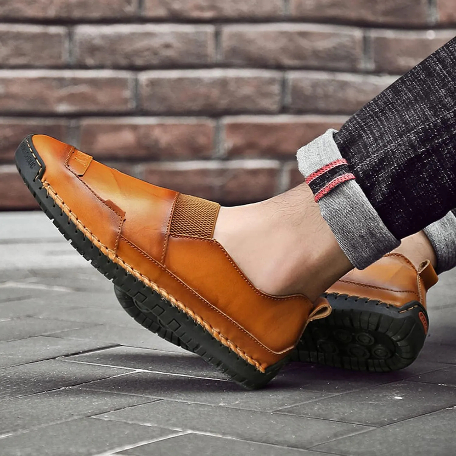 UIKGITP Mens Leather Driving Comfortable Shoes Hand Stitching Elastic Casual Shoes Loafer Boat Sneaker