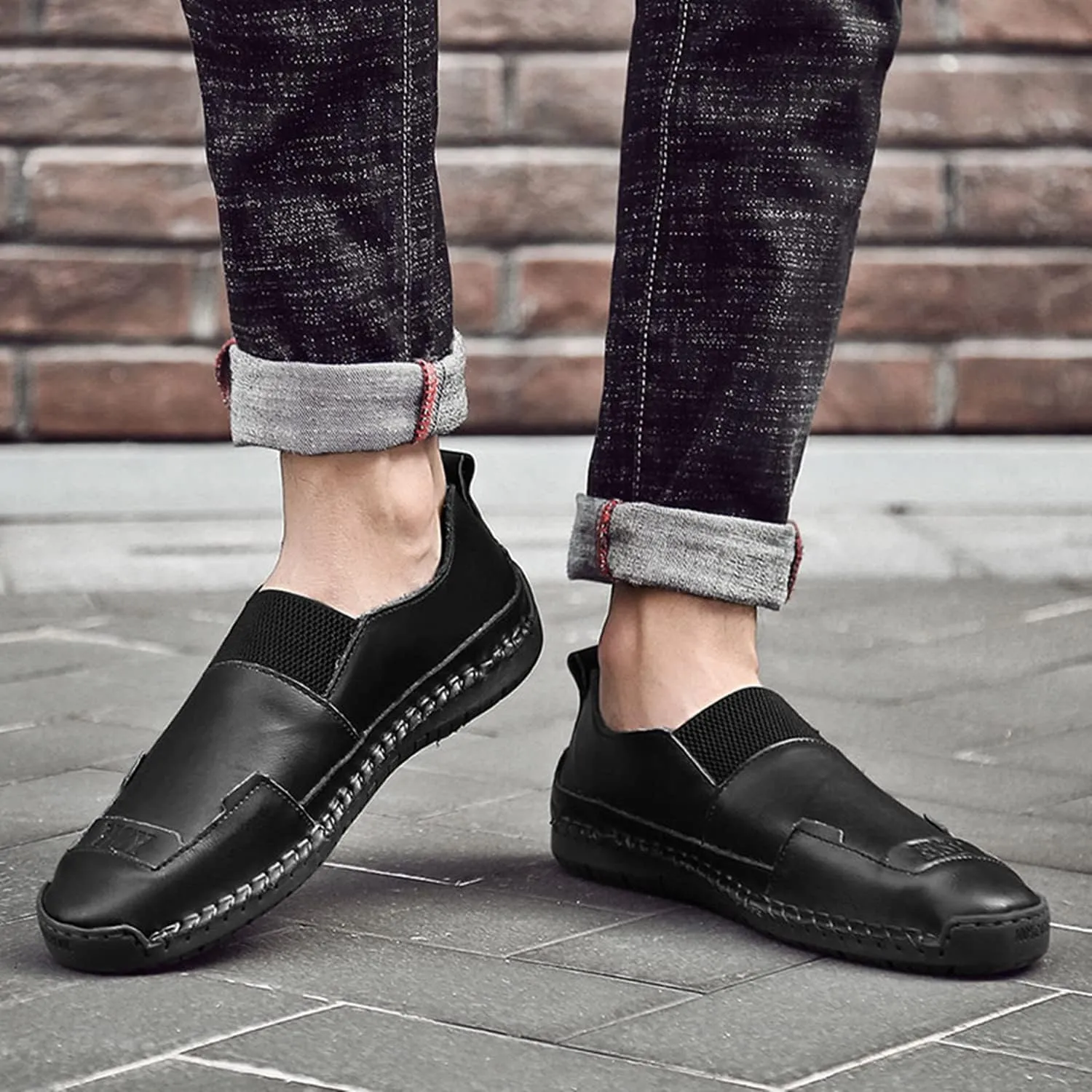 UIKGITP Mens Leather Driving Comfortable Shoes Hand Stitching Elastic Casual Shoes Loafer Boat Sneaker