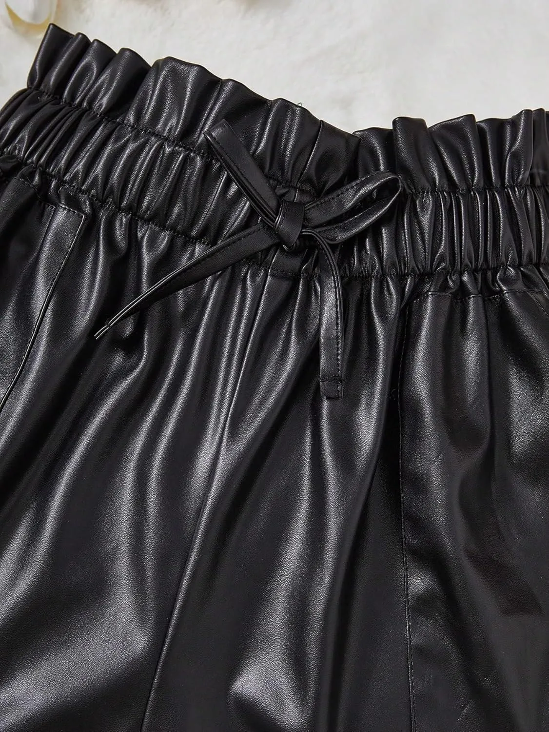 Verdusa Girl's PU Leather Knot Front Elastic Waist Wide Leg Shorts with Pocket