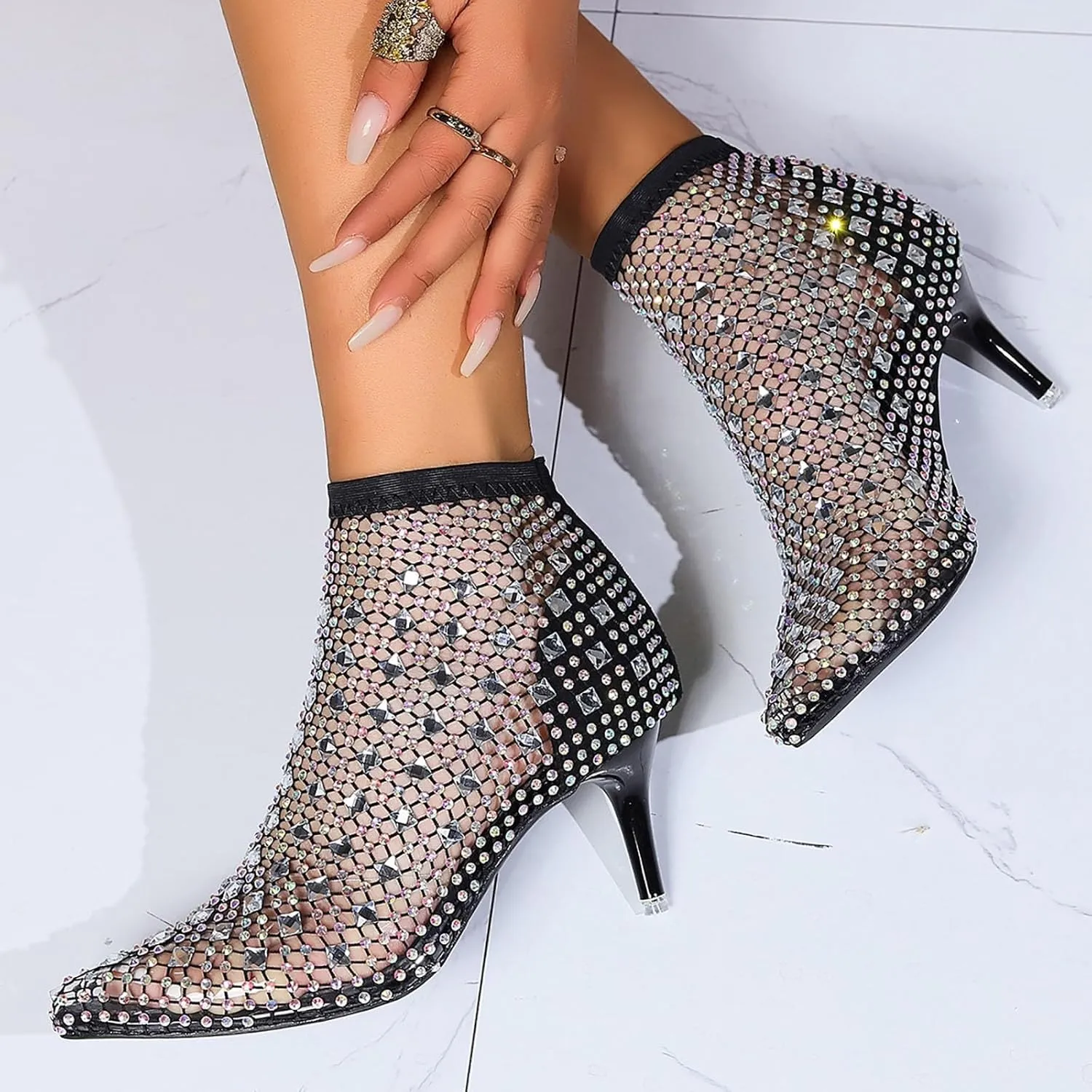 Women Bling Rhinestones Dress Boots Mesh for Pointed Toe Stiletto High Heels Comfortable Shiny Gem Stylish Sparkling Sandals for Lady Sexy Fashion Fishnet Low Heel Slip on Rhinestone Shoes