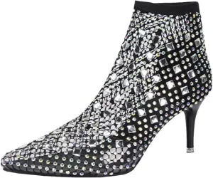 Women Bling Rhinestones Dress Boots Mesh for Pointed Toe Stiletto High Heels Comfortable Shiny Gem Stylish Sparkling Sandals for Lady Sexy Fashion Fishnet Low Heel Slip on Rhinestone Shoes