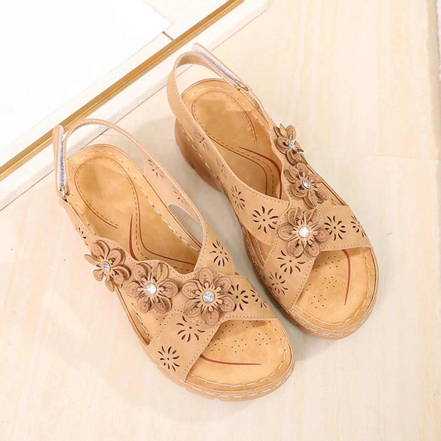 Women Comfortable Sandals Non Slip Orthopedic Walking Sandals Comfort Soft Cushion Low Wedge Sandal with Adjustable Buckle Ankle Strap Fashion Cross Strap Flower Jeweled Shoes