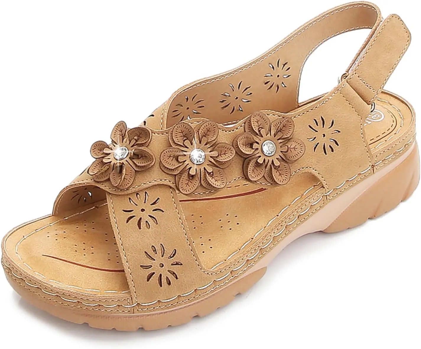Women Comfortable Sandals Non Slip Orthopedic Walking Sandals Comfort Soft Cushion Low Wedge Sandal with Adjustable Buckle Ankle Strap Fashion Cross Strap Flower Jeweled Shoes