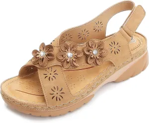Women Comfortable Sandals Non Slip Orthopedic Walking Sandals Comfort Soft Cushion Low Wedge Sandal with Adjustable Buckle Ankle Strap Fashion Cross Strap Flower Jeweled Shoes