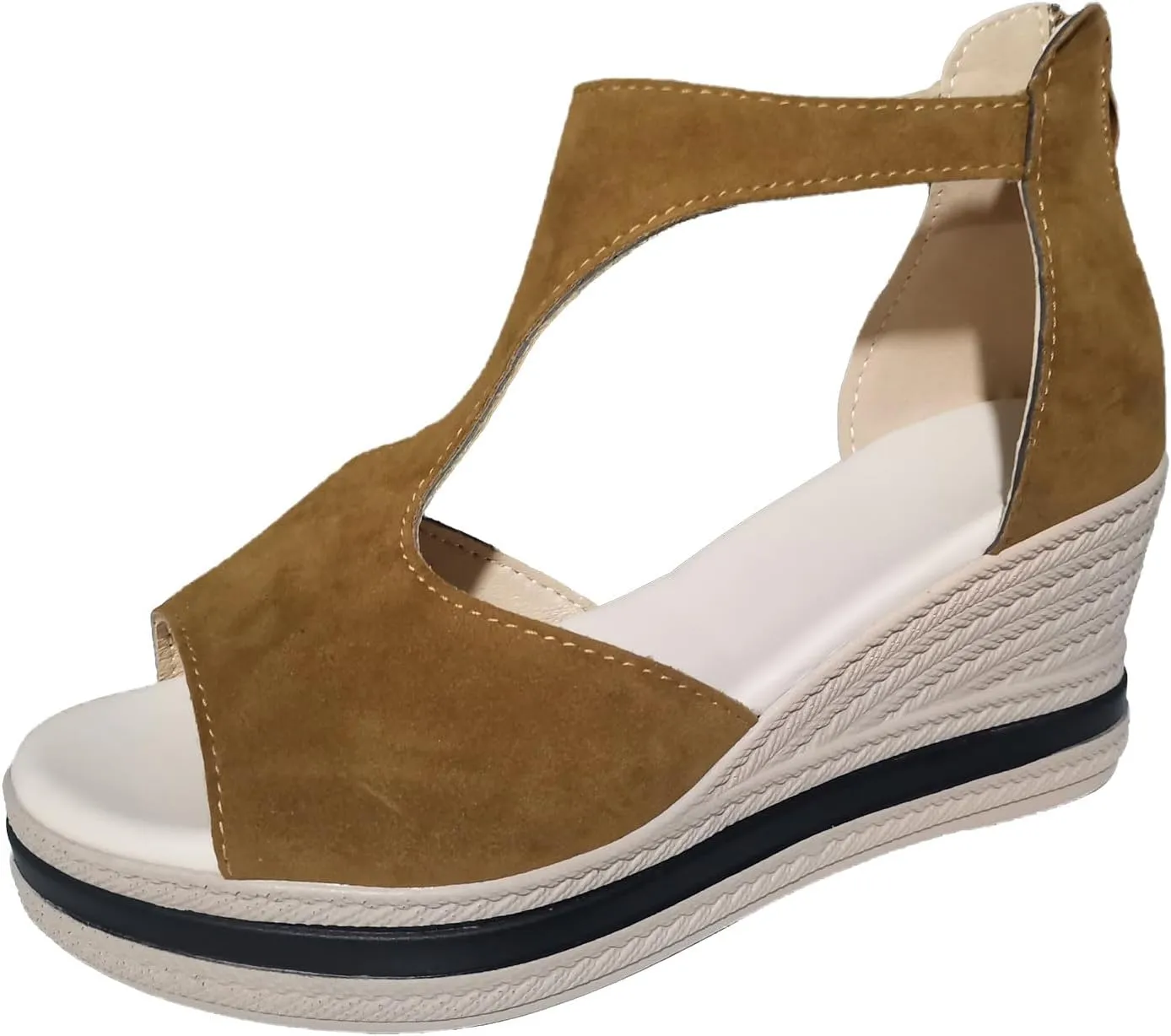 Women Wedge Sandals Peep Toe Back Zip High Heels Retro Cutout Slip On Casual Platform Sandals Comfortable Summer Shoes